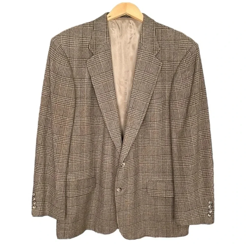 CRICKETEER Vintage Wool Camel Hair Blazer Sport Coat Brown Plaid Ivy Classic 46L